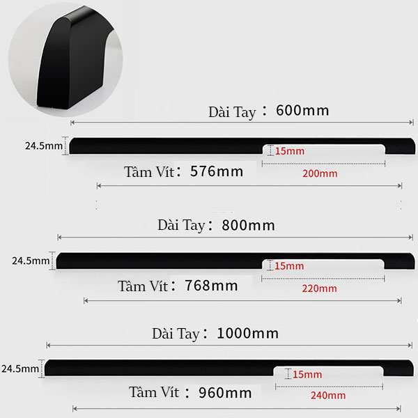 Kích thước Tay Nắm Cửa Tủ Áo MTA510AN Màu Đen