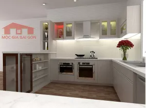 Tủ bếp MFC hình chữ U có quầy bar
