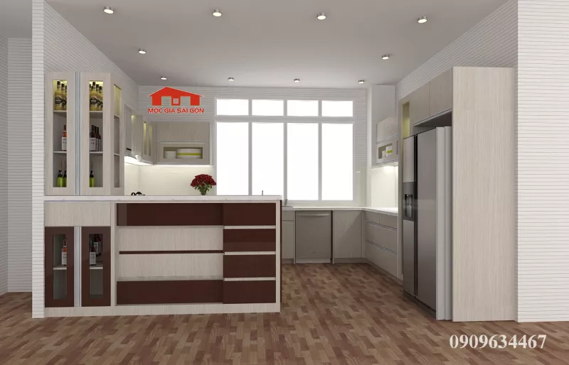 Tủ bếp MFC vân gỗ có quầy bar