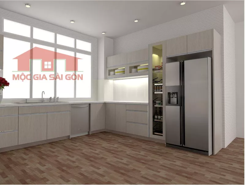 Tủ bếp MFC vân gỗ có quầy bar