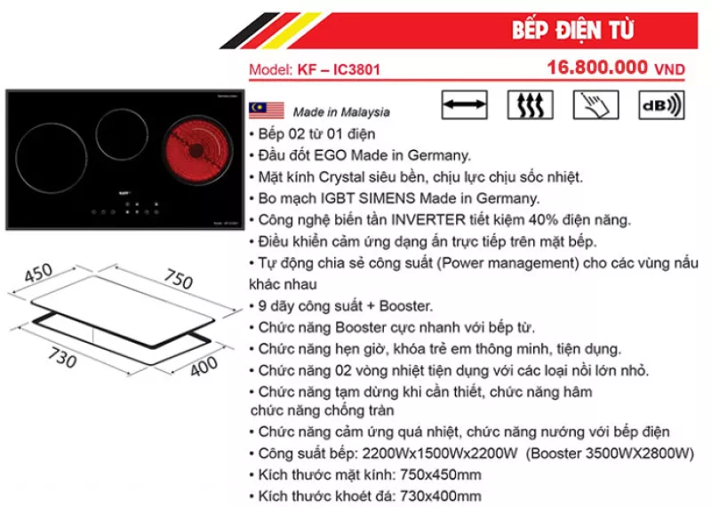 Bếp Điện Từ 3 Vùng Nấu Kaff KF-IC3801 Made in Malaysia