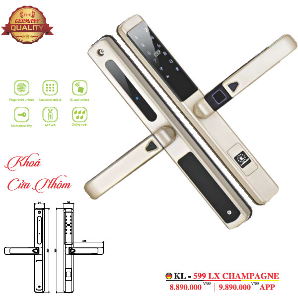 Khóa Cửa Nhôm Kassler KL-599LX Champage Gold APP