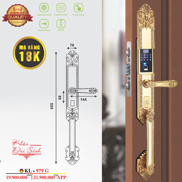 Khóa Cửa Đại Sảnh Kassler KL-979G APP Mạ Vàng 18K