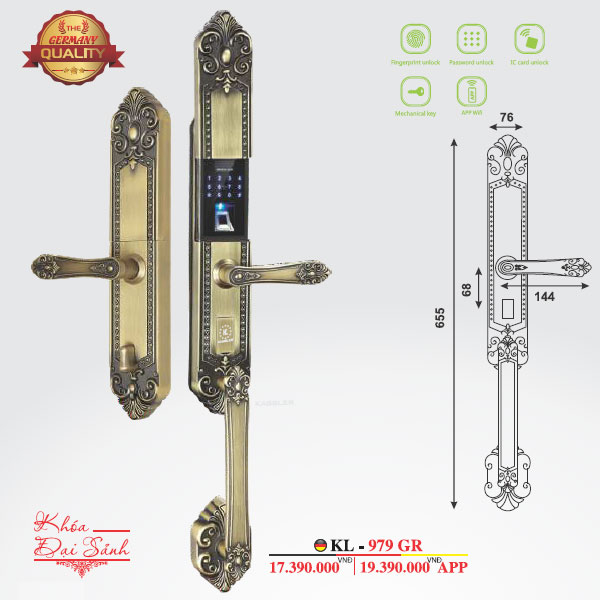 Khóa Cửa Đại Sảnh Kassler KL-979GR APP Màu Đồng Rêu