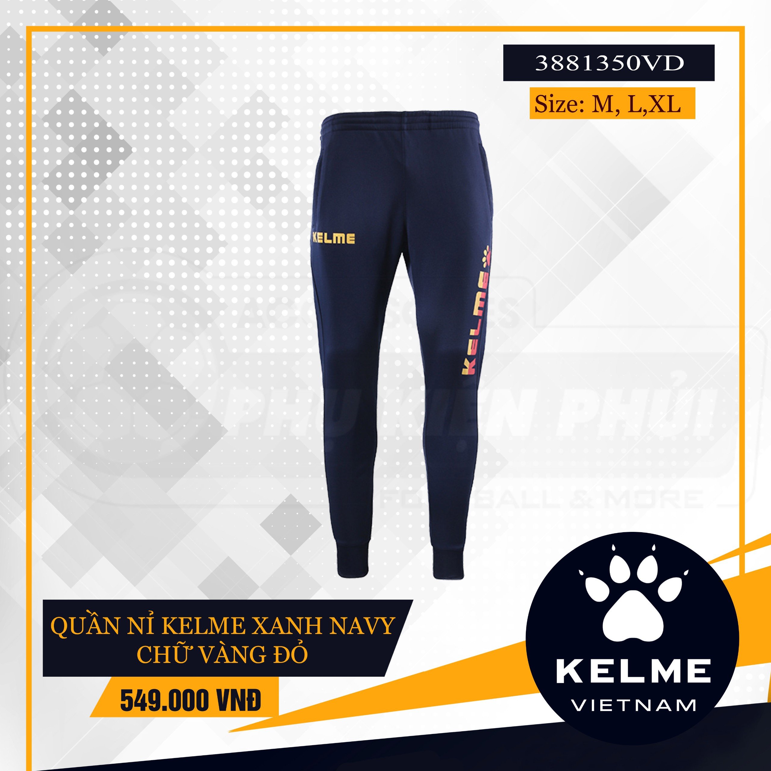 QUẦN NỈ KELME XANH NAVY CHỮ VÀNG ĐỎ