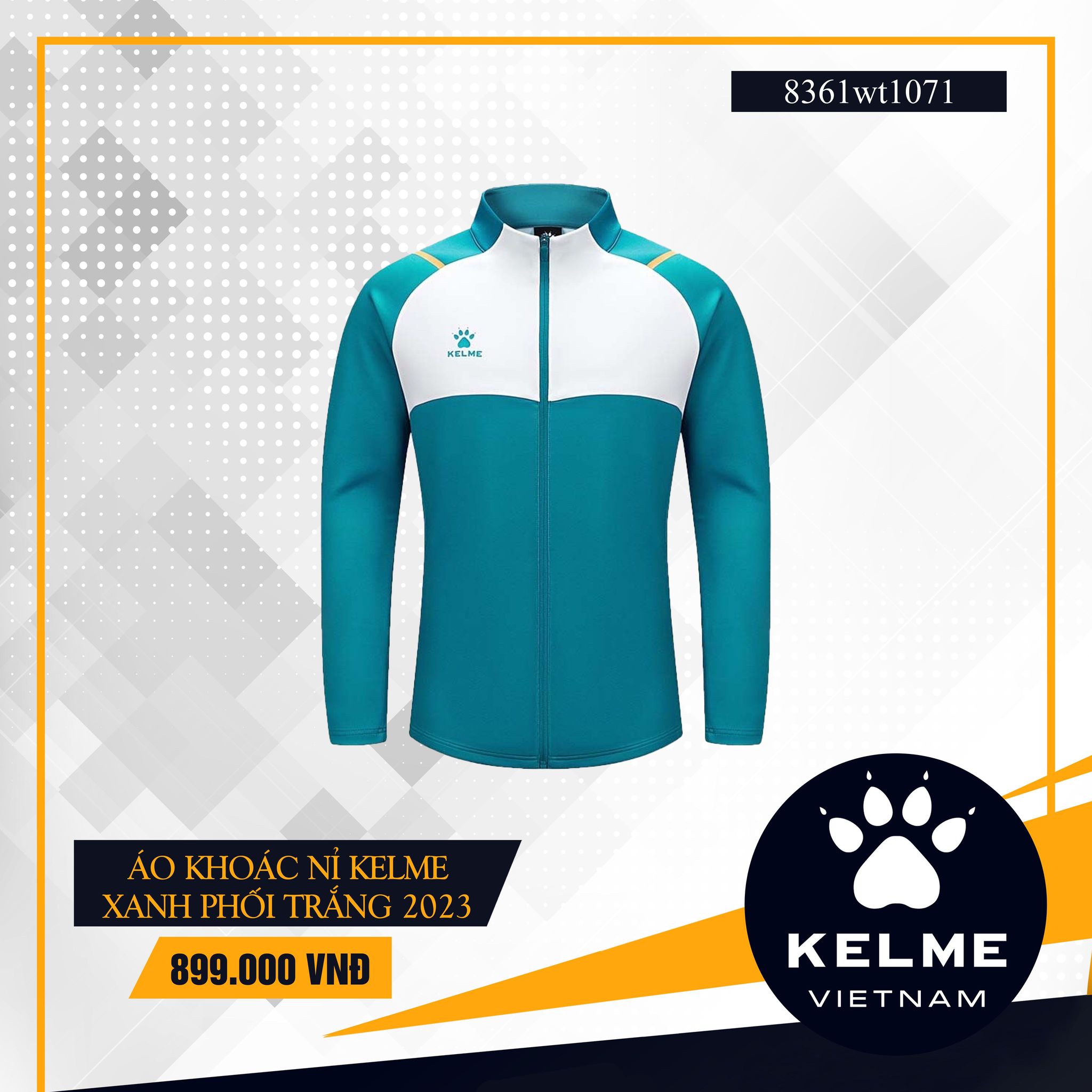 ÁO NỈ KELME 2023 XANH PHỐI TRẮNG