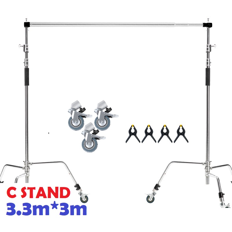 Khung treo phông C-STAND 3.3*3M PRO + Bánh xe Bộ khung treo phông 3.3m*3m chuyên nghiệp được sử dụng trong studio và ngoài trời với khả năng vũng chắc ngay cả khi ngoài trời , trang bị chân C-STAND CK thép không gỉ mang lại sự chuyên nghiệp , chân đơn chịu tải lên tới 20kg , chiều cao tối đa 3,3m tạo lợi thế cho một khung phông di động hoàn hảo chịu tải lớn với thanh ngang rút tùy chỉnh tù 1.2m lên tới 3m . Được trang bị thêm bộ bánh xe C25 chính hãng di chuyển nhẹ nhàng mọi lúc mọi nơi thật đơn giản . Rất thích hợp cho phim trường và studio lớn với nhiều góc chụp khác nhau 