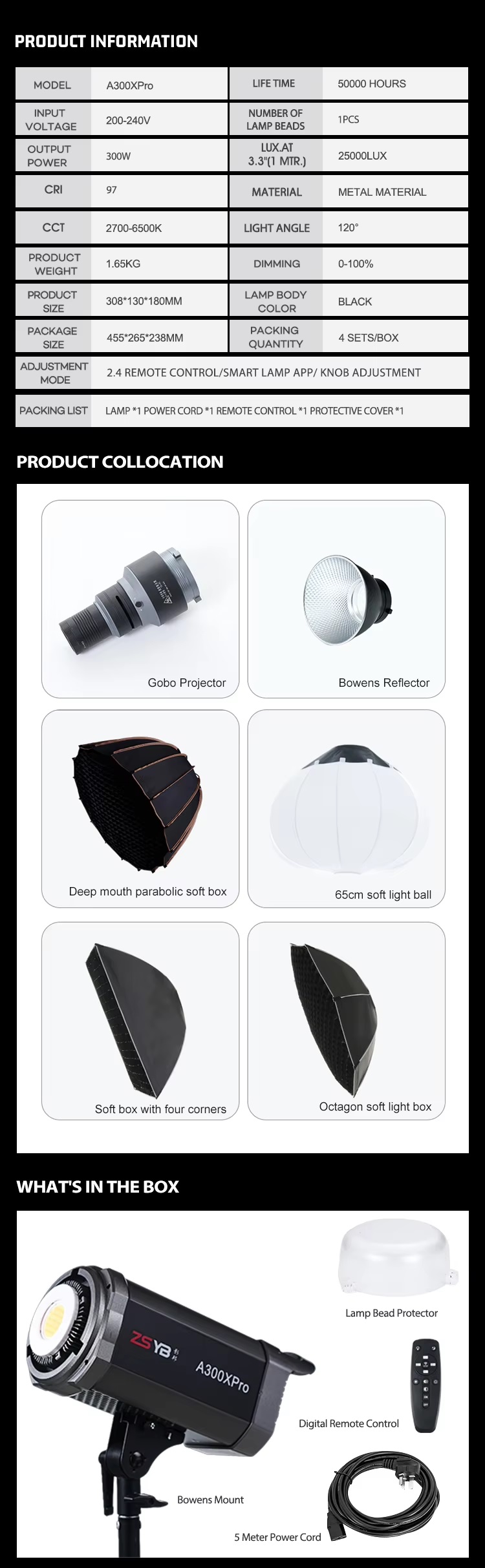 ZSYB LED COB A300 XPRO 300W Bi Color 2700K -6500K