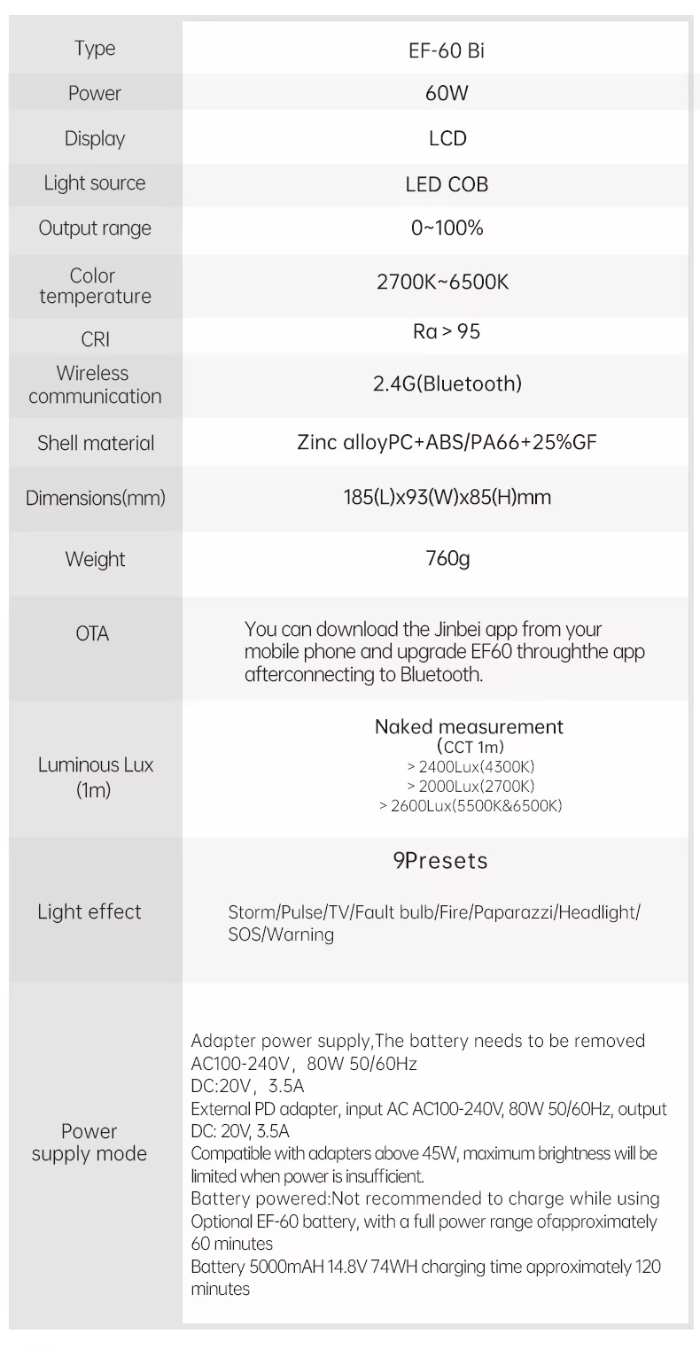Jinbei EF-60Bi 2700-6500K led trợ sáng cầm tay 