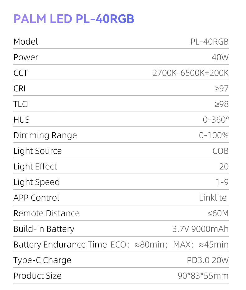 TOLIFO PL-40RGB – Đèn quay video COB LED di động