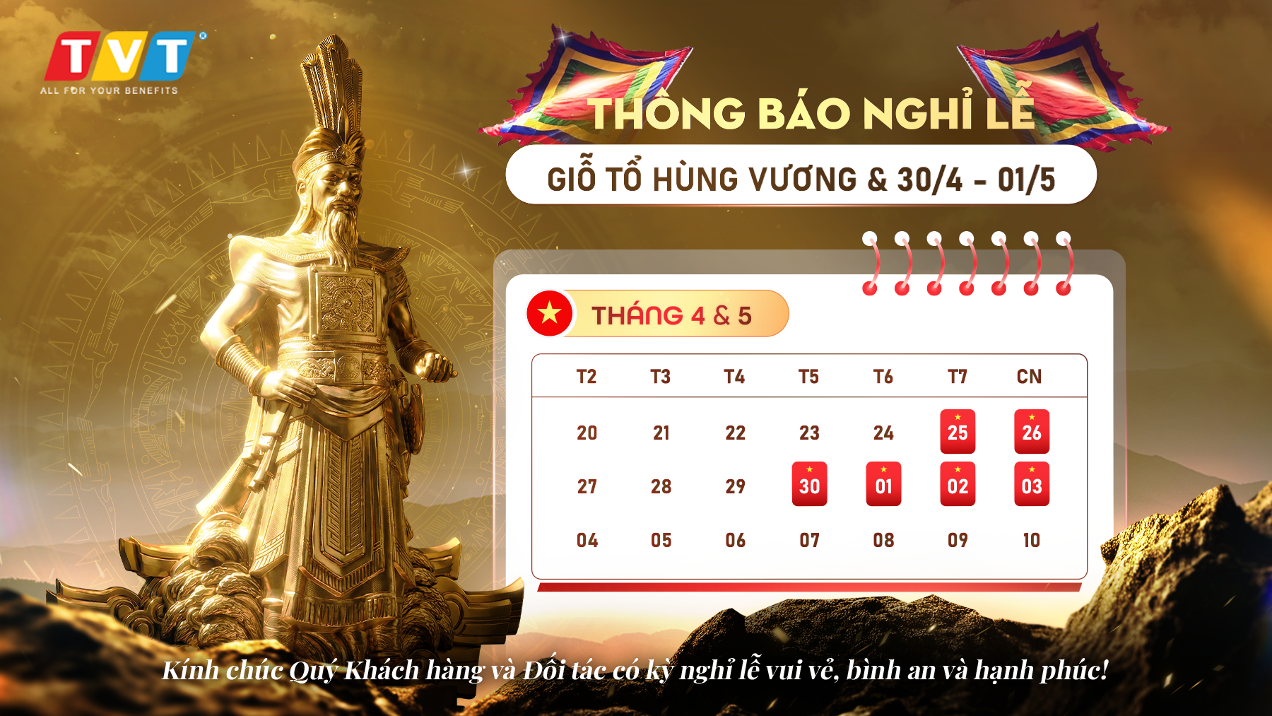 THÔNG BÁO LỊCH NGHỈ LỄ GIỖ TỔ HÙNG VƯƠNG – 30/4 & 1/5 NĂM 2026