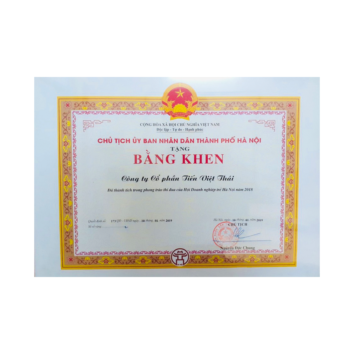 Bằng khen UBND TP Hà Nội 2019