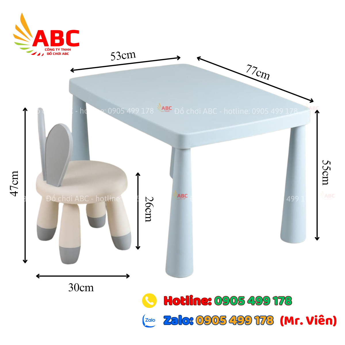 Bộ bàn ghế tai thỏ có kích thước bàn: 77x55x53cm. Kích thước ghế: 47x30x26cm