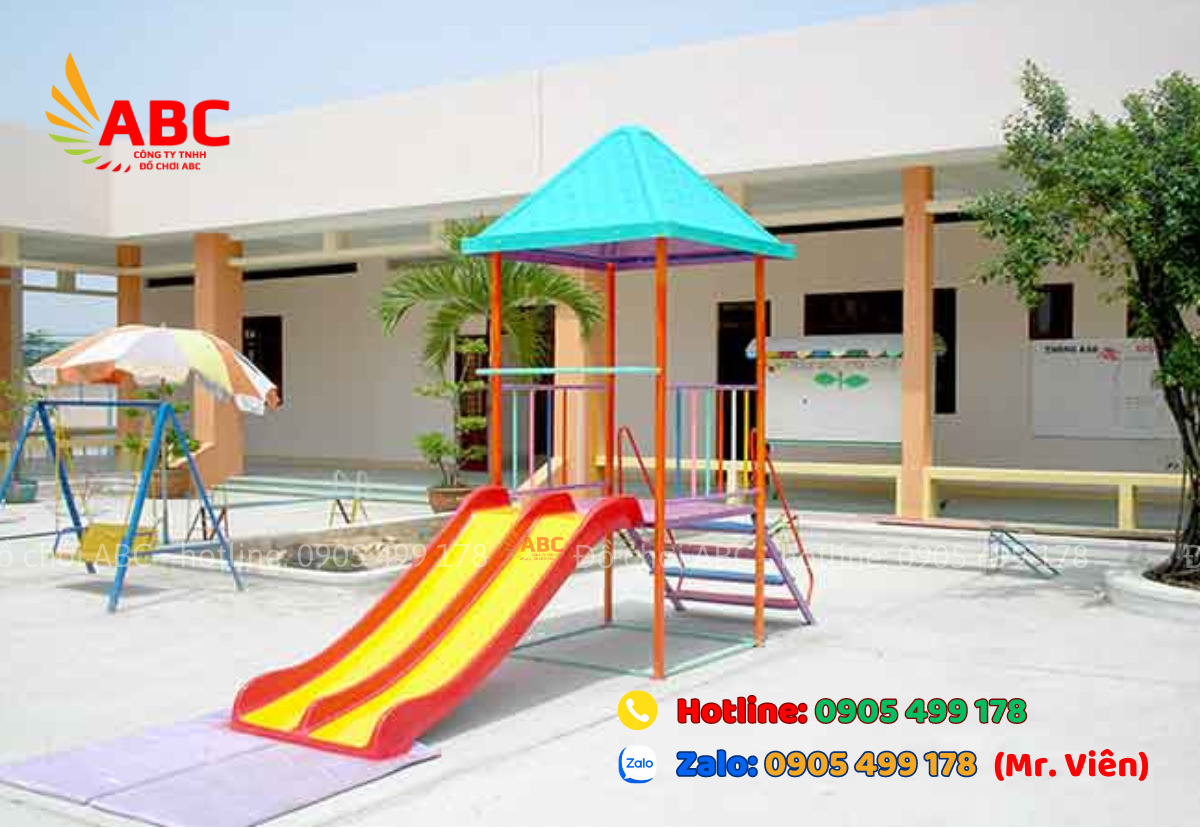 Cầu trượt máng đôi có mái che cho bé mầm non