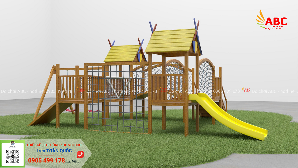 Bộ cầu trượt liên hoàn gỗ 2 khối cho bé