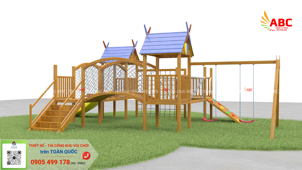 Nhà liên hoàn cầu trượt với chất liệu gỗ chắc chắn, an toàn cho bé