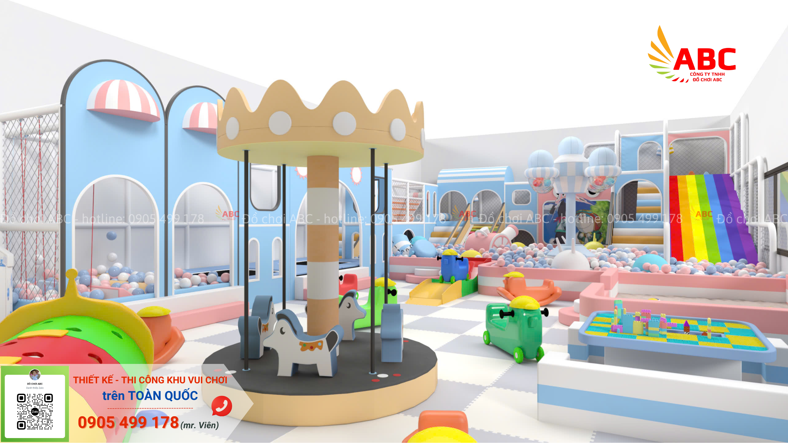 Khu vui chơi được thiết kế màu chủ đạo là tone hồng + xanh dương pastel siêu ngọt ngào