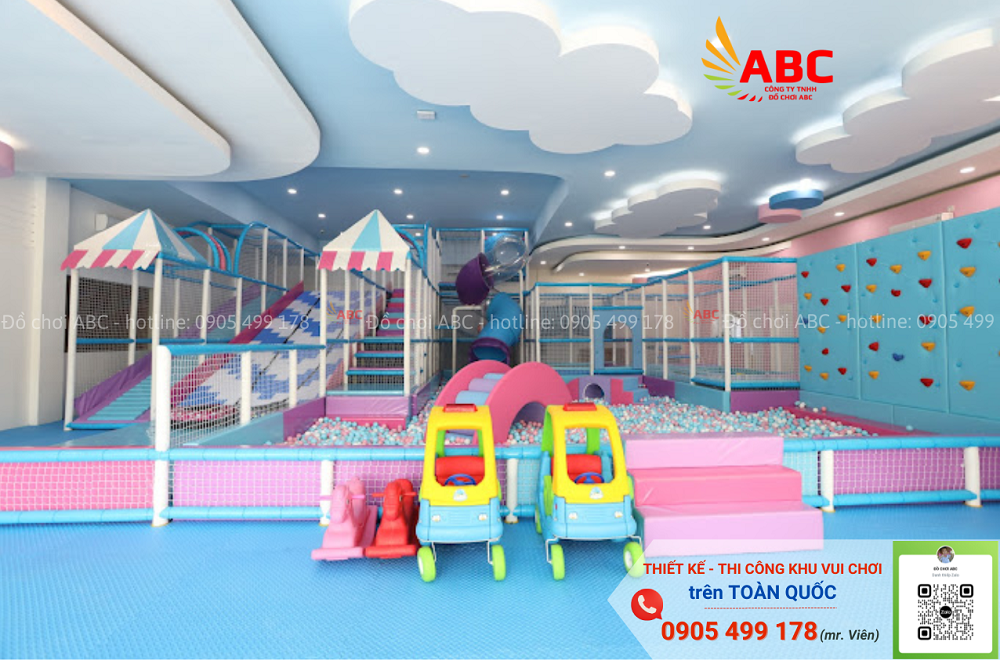 Khu vui chơi trẻ em trong nhà tone màu xanh hồng bắt mắt