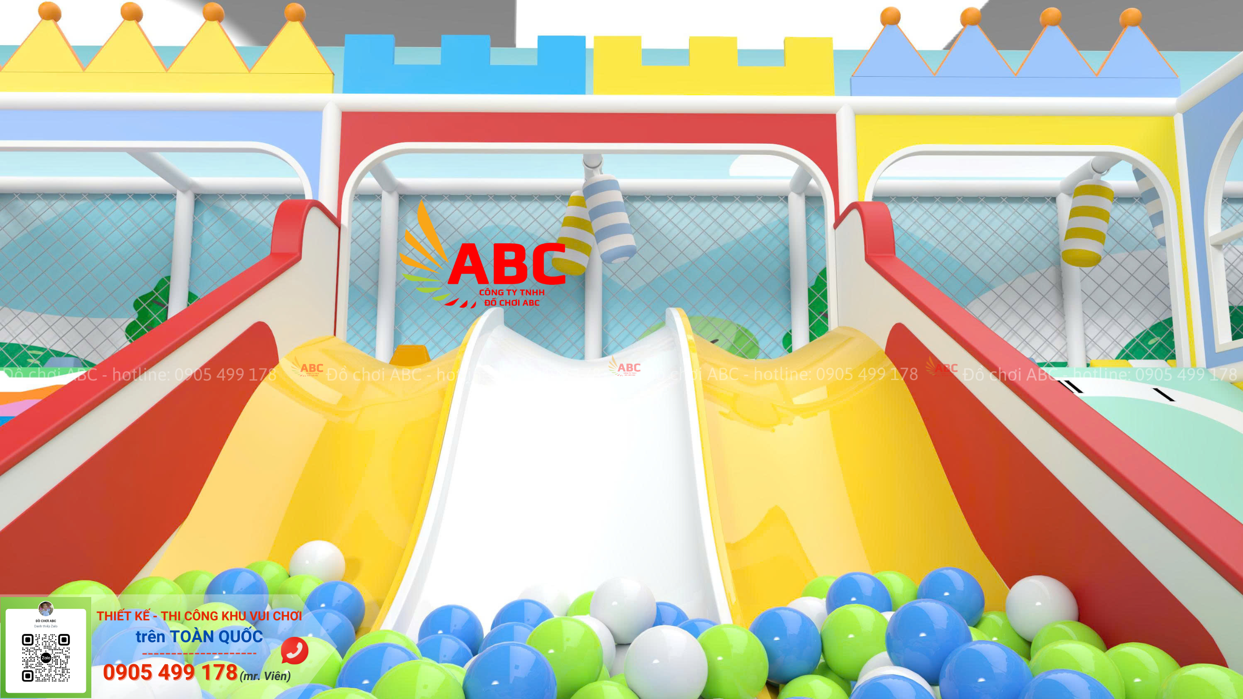 Cầu trượt 3 làn trượt từ tầng 2 xuống hồ banh