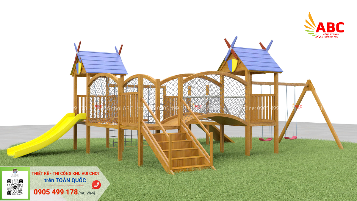 Bộ cầu trượt liên hoàn gỗ 2 khối cho bé