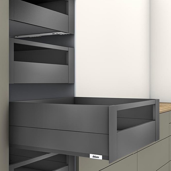 Ray hộp âm Blum Merivobox-IR3 chiều cao E 192mm xám đậm có thành nâng cấp