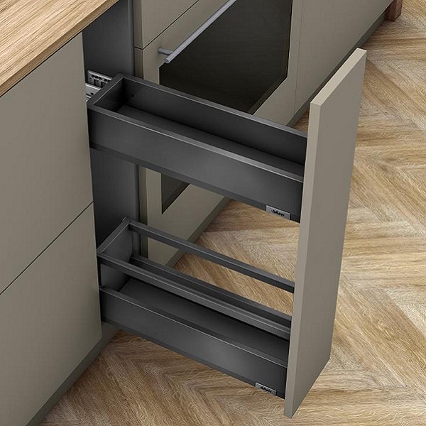 Bộ ngăn kéo Blum Space-Twin-Merivobox-R1-R2 xám đậm R150-250mm