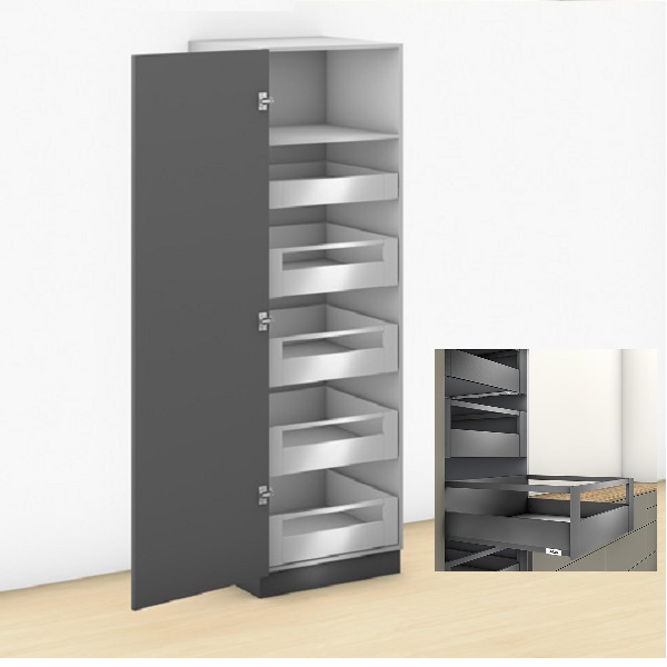Tủ kho 1 cánh Blum Space-Tower-Merivobox-IR2 xám đậm R275-600mm