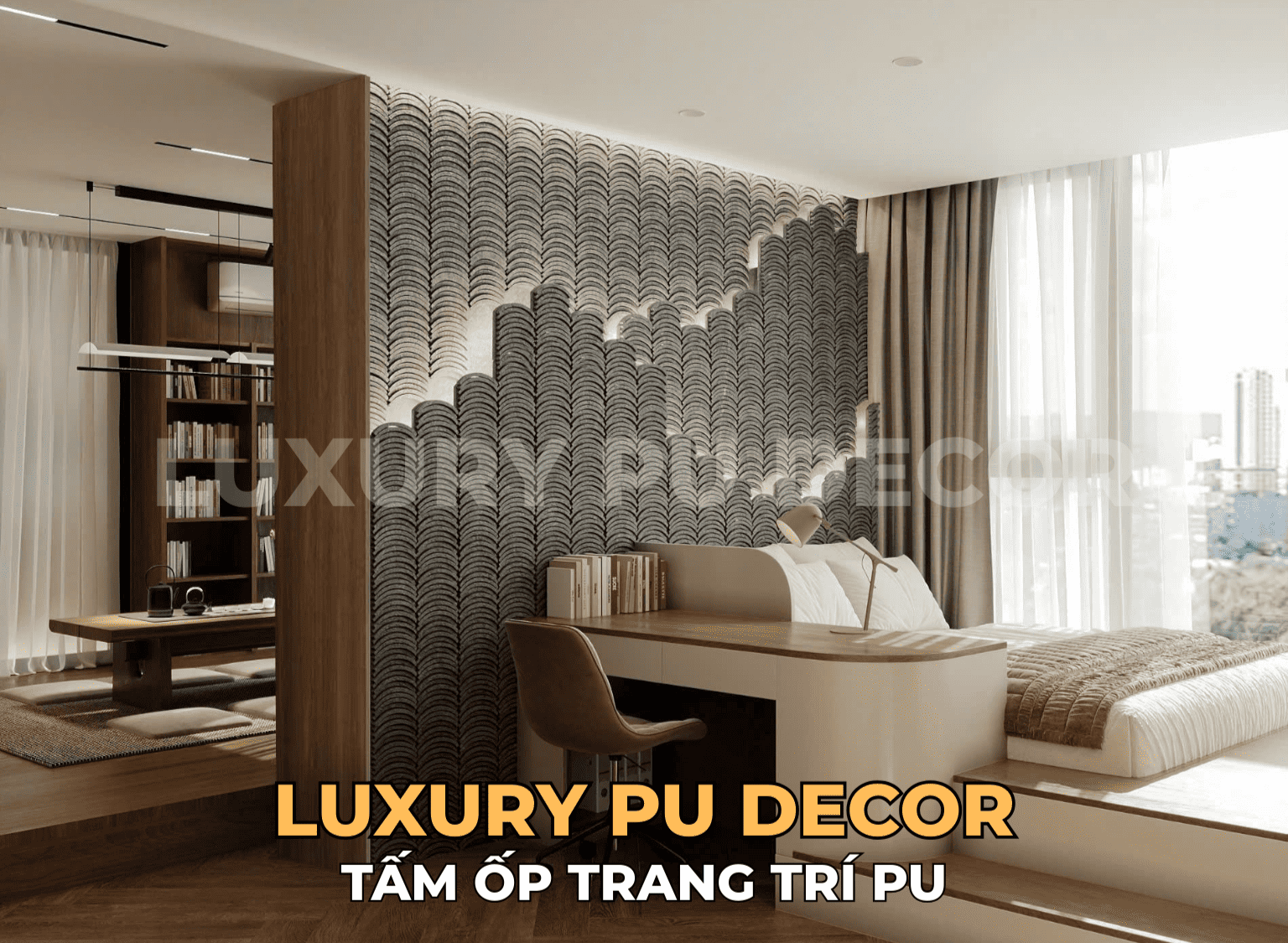 tấm pu gạch ngói cổ tạo điểm nhấn sau sofa