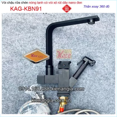 Vòi rửa bát nano đen nóng lạnh có vòi xịt RÚT DÂY  KAG-KBN91