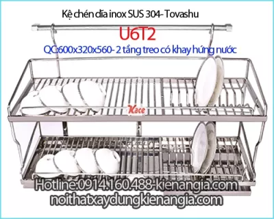 Kệ chén bát 60cm có khay hứng nước inox 304 2 tầng treo Tovashu U6T2