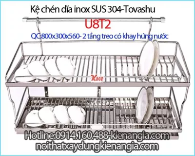 Kệ chén bát 80cm có khay hứng nước inox 304 2 tầng treo Tovashu U8T2