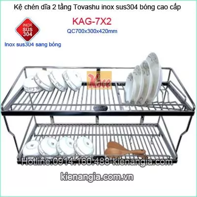 Kệ chén bát inox 304 2 tầng  70cm Tovashu KAG-7X2
