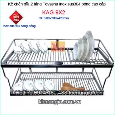 Kệ chén bát inox 304 2 tầng  90cm Tovashu KAG-9X2