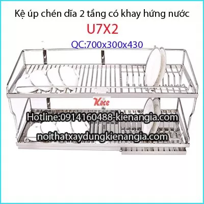 Kệ úp bát đĩa 2 tầng 70 cm có khay hứng nước  inox 304 Tovashu-U7X2