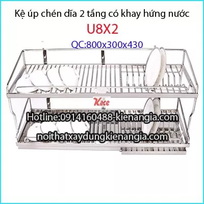 Kệ úp bát đĩa 2 tầng  có khay hứng nước 80cm inox  Tovashu 304-U8X2