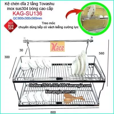 Kệ chén bát 2 tầng sus304 cao cấp treo móc Tovashu KAG-SU136