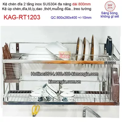 Kệ chén dĩa dao thớt ống đũa dài 800 inix sus304 2 tầng KAG-RT1203