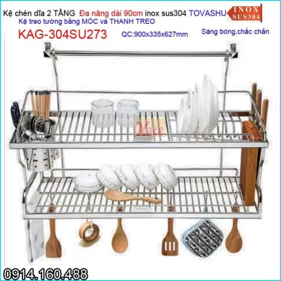 Kệ chén đa năng 2 tầng bếp ốp kính Tovashu sus304 90cm KAG-304SU273
