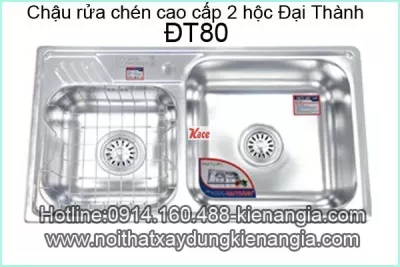 Chậu rửa chén inox 304 2 hộc 80x43 x21cm Đại Thành ĐT80 dập liền khối DX42000