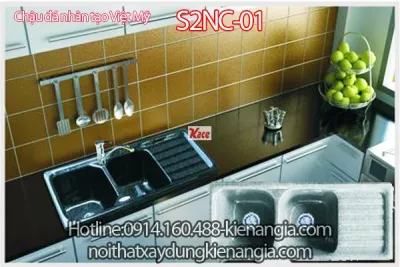 Chậu rửa chén bằng đá 2 hộc 1 bàn 107x45 x18.5cm  Việt Mỹ S2NC-01