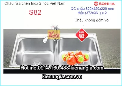 Chậu rửa 2 hộc đều 82x44 cm Sơn Hà inox 304 S82