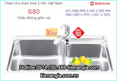 Chậu rửa bát sus 304 liền khối 80x44 cm Sơn Hà S80