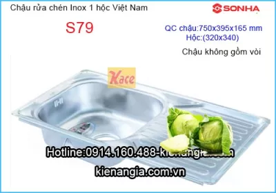 Chậu rửa inox 1 hộc 1 cánh giá rẻ 75x40 cm Sơn Hà S79