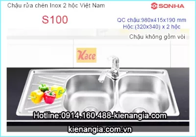 Chậu rửa inox 2 hộc 1 cánh giá rẻ 98x41.5 cm Sơn Hà S100