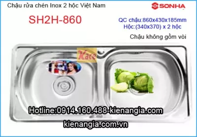 Chậu rửa inox 2 hộc  đều  giá rẻ  86x42.6 cm Sơn Hà SH2H-860
