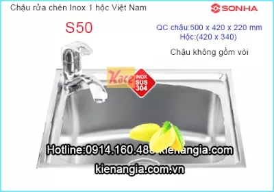 Chậu rửa Inox 304 1 hộc 50x42 cm Sơn Hà S50