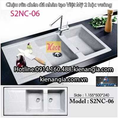 Chậu rửa vuông 2 hộc 1 cánh đá nhân tạo 115x50 x24cm Việt MỹS2NC-06