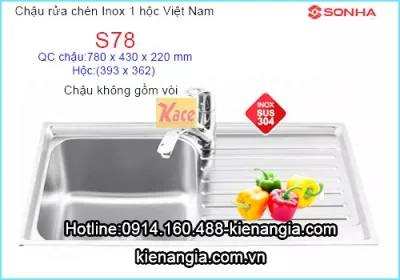 Chậu Sơn Hà cao cấp inox 304 78x43 cm 1 hộc S78