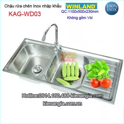 Chậu inox nhập khẩu 2 hộc 1 cánh Winland KAG-WD03