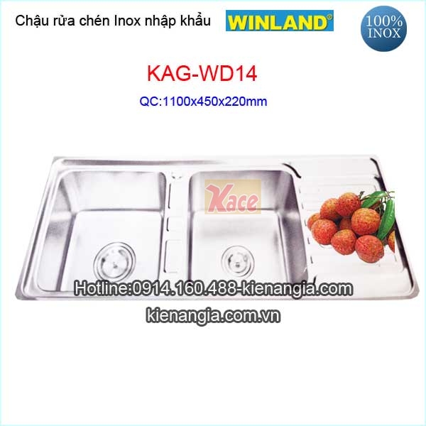 Chậu inox nhập khẩu 2 hộc 1 cánh Winland KAG-WD14